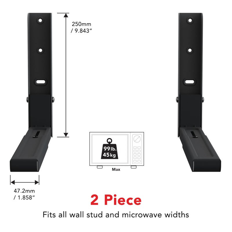 AVF Wall-Mounted Microwave Oven Brackets â€“ Universal Fit, Heavy-Duty Black Steel â€“ Adjustable Arms Hold Up to 99 lbs â€“ Set of 2 Microwave Shelf Support Brackets - Image 2